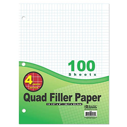 BAZIC Products Quad-Ruled Filler Paper, 4 Sq/in, 3-Hole, 36-Case | quad-ruled filler sheets, 4 squares per inch, 10.5 x 8 in, 3-hole punched, fit 3-ring binders, math, 100 Sheets - color: White Quad-ruled, size: 36-Pack