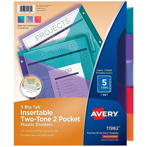 Avery Big Tab Insertable Plastic 2 Pocket Dividers for 3 Ring Binders, 5 Tab Set, Two-Tone Multicolor, Works with Sheet Protectors, 1 Binder Divider Set (11982) - size: One Size, style: 1 Set