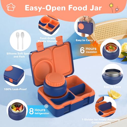 Bento Box for Kids, Leakproof Kids Bento Lunch Box Container with 8oz Insulated Thermo Food Jar, Sauce Jar, Utensil, DIY Stickers for School Boys Girls, 3-4 Compartments, BPA-Free - color: Navy Orange