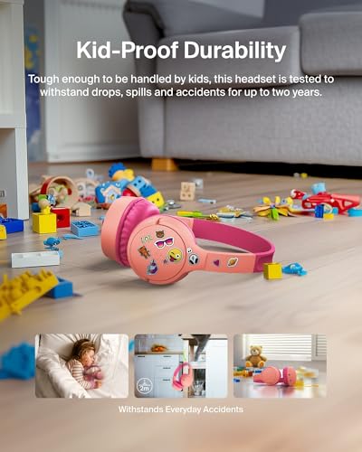 Belkin SoundForm Mini - Wireless Bluetooth Kids Headphones, 30H Battery, 85dB Safe Volume Limit, Built-in Microphone - Toddler On-Ear Earphones for iPhone, iPad, Fire Tablet, Ideal for School - Pink - color: Pink, style: Wireless (USB-C)