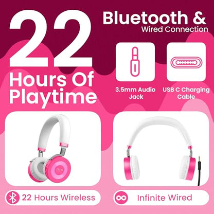 Puro Sound Labs JuniorJam Plus Volume-Limiting Wireless Bluetooth Headphones for Kids, Secure Audio with Adjustable On-Ear Design, 22-Hour Battery Life, Ideal for Tablets, Smartphones & PCs - Pink - color: Pink