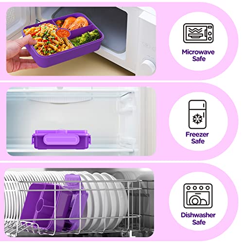 Jelife Lunch Box Kids Bento Box - Large Bento-Style Leakproof 4 Compartments Kids Lunchbox Food Containers with Utensils for Back to School, Reusable On-the-Go Meal and Snack Packing, Purple - color: 1100ml-Purple