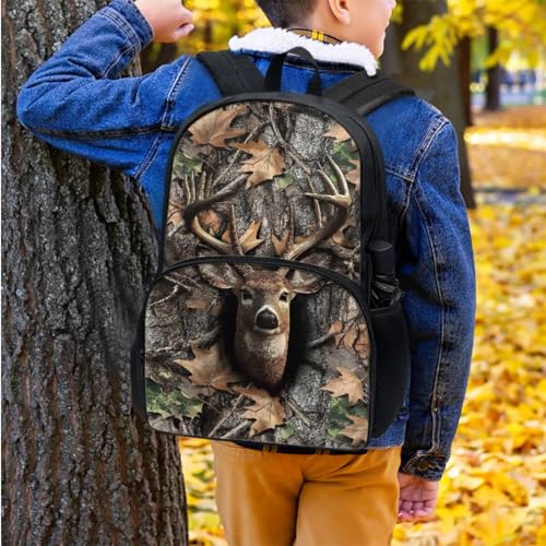 Horeset Deer Camo Kids Boys School Backpack with Insulated Lunch Tote Water Bottle Sling Bag Set of 3, Large Capacity 17inch Bookbag Schoolbag with Adjustable Padded Shoulder Straps - color: Deer Camo