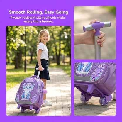 Kids Rolling Backpack for Girls Cat Trolley Suitcases Luggage with Wheels Bookbag Wheeled 3pcs on Lunch Box Pencil Case Elementary Teenagers Purple for Girls Age 5-12 - color: Purple-0130-maomi
