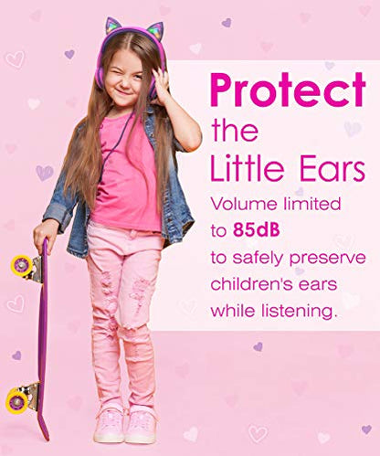 FosPower Kids Headphones with LED Cat Ears (85dB Safe Volume Limit), 3.5mm Soft On-Ear Wired Headphones with Tangle-Free Laced Cables for iPad/Tablet/School/Travel - Hot Pink/Purple - color: 01 - Hot Pink/Purple