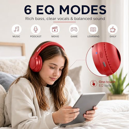 MIDOLA Bluetooth Headphones Over Ear, 68H Playtime Wireless Headphones with Microphone, 6 EQ Modes, HiFi Stereo Deep Bass, Foldable Lightweight Headset for Home Office, Cellphone, PC, Red - color: Red