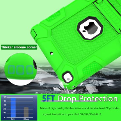 iPad 6th Generation Cases, iPad 5th Generation Case, iPad Air 2 Case, iPad 9.7 Case, Shockproof Rugged Drop Protection Cover Built with Kickstand for iPad 9.7'' A1893/A1954/A1822/A1823 (Green) - color: Green+Black