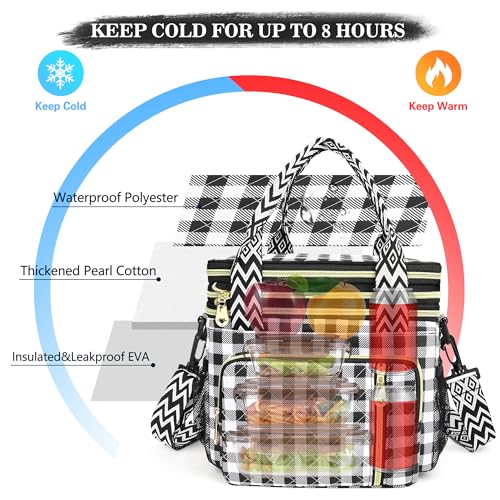 LOKASS Lunch Box for Women-16L-Insulated Lunch Bag Women, Expandable Double-layer Leakproof Cooler Bag with Upgrade Adjustable Shoulder Strap Ideal for Work/Travel/Picnics（Black&White Check） - color: Black&White Check