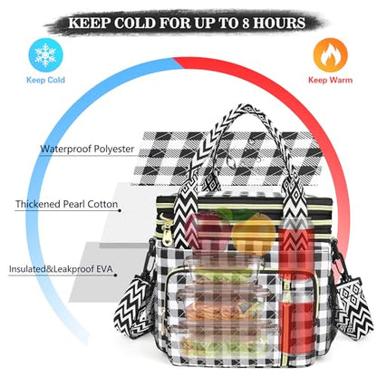 LOKASS Lunch Box for Women-16L-Insulated Lunch Bag Women, Expandable Double-layer Leakproof Cooler Bag with Upgrade Adjustable Shoulder Strap Ideal for Work/Travel/Picnics（Black&White Check） - color: Black&White Check