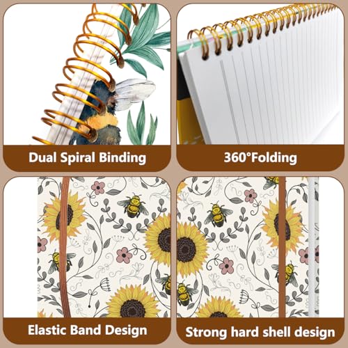 2Pcs Spiral Notebook, Bees College Ruled Spiral Notebook, Multi Subject Notebooks, 120 Ruled Pages Hardcover Journals for Writing Travel Business Office, Cute Notebooks for Women