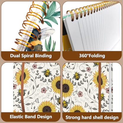 2Pcs Spiral Notebook, Bees College Ruled Spiral Notebook, Multi Subject Notebooks, 120 Ruled Pages Hardcover Journals for Writing Travel Business Office, Cute Notebooks for Women