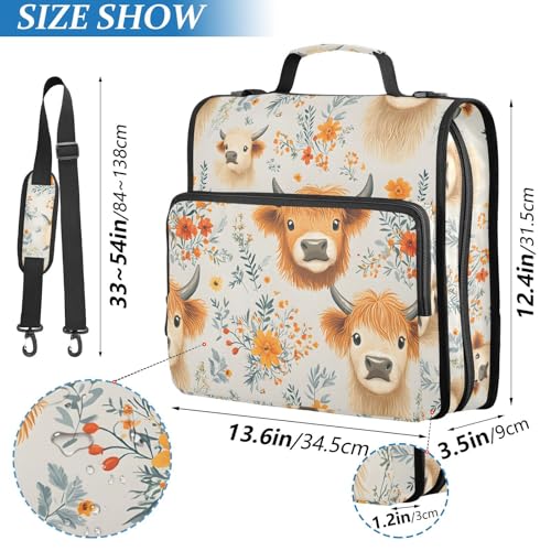 3 Ring Zipper Binder Highland Cow Wildflowers Binders Bag with Shoulder Strap 500 Sheets Paper Organizer Trapper Keeper Documents Storage File Folder for School Office - color: A1356