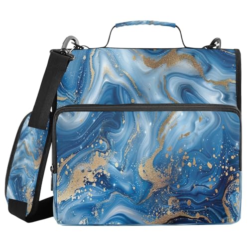Binder Organizer, Blue Gold Marble 1.5" 3-Ring Zipper Binder with Shoulder Strap & Handle, Water-Resistant Trapper Keeper with Multi-Compartment for School & Office