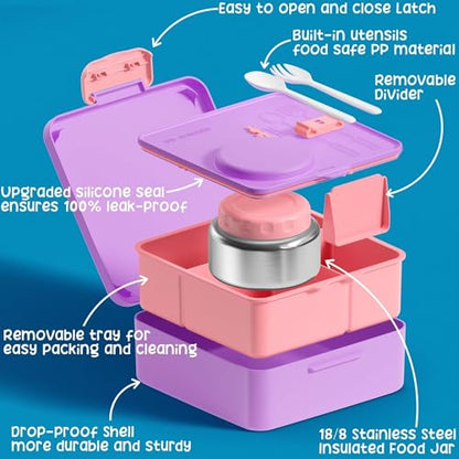 Fimibuke Bento Lunch Box for Kids Adult, 3-4 Compartment 60OZ Toddler Lunch Box Container with Leakproof 8OZ Insulated Food Jar, Sauce Jar, Utensil for School Boys Girls, BPA-Free Dishwasher Safe - color: B2.Purple & Pink