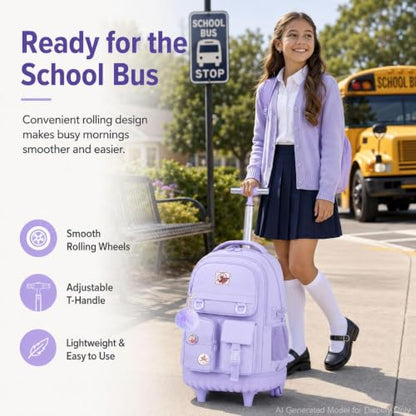 WZLVO Rolling Backpack for Girls, 21 inch Water Resistant Roller School Bag with Wheels, Wheeled Backpacks Set for Teen Women Elementary Travel - Purple - color: Purple