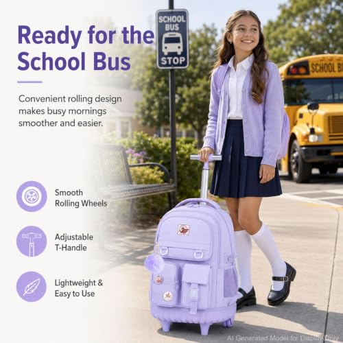 WZLVO Rolling Backpack for Girls, 21 inch Water Resistant Roller School Bag with Wheels, Wheeled Backpacks Set for Teen Women Elementary Travel - Purple - color: Purple