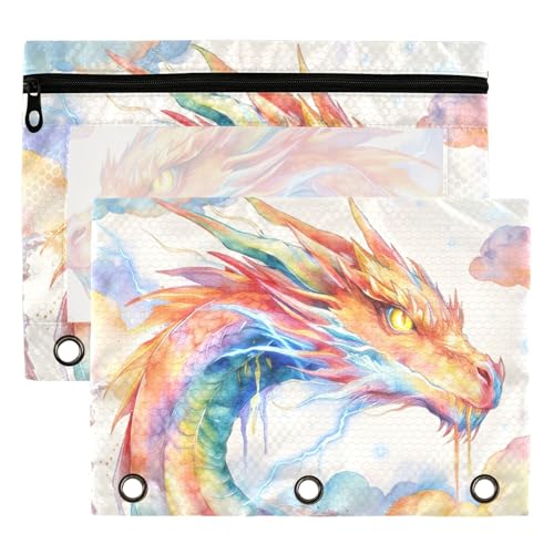 Evil Dragon Binder Pouches 3 Ring for Boys Girls School Office College Supplies Dinosaur Volcano Pencil Pouches Case Bag with Clear Window and Zipper 2 Pack - color: Fire Dragon