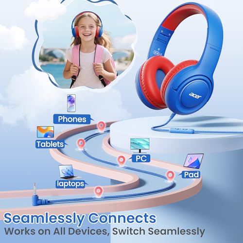acer Kids Headphones - Over-Ear 85/94dB Volume Limiter, 3.5mm Jack Foldable Stereo Sound Headset for Toddlers Girls Boys Travel Learning Entertainment Tablet Kindle iPad PC,Blue Red, HK03 - color: Blue Red