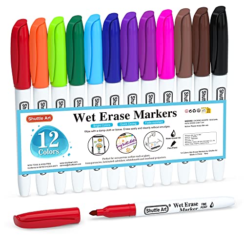 Shuttle Art Wet Erase Markers, 12 Colors 1mm Fine Tip Overhead Projectors Transparency Smudge-Free Markers, Works for Laminated Calendars Whiteboard Schedule Glass, Wipe with Water - color: 12 Colors White Barrel