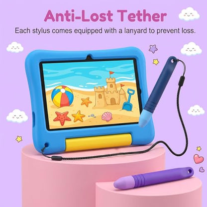 2Pcs Kid Stylus Pens, Kid-Friendly Stylus Pen for Touch Screens with Tether Compatible with Tablets and All Touch Screen Devices (Blue+Purple)