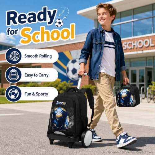 gxtvo Large Wheels & Quiet Glide | Rolling Backpack for Kids - Water-Resistant Wheeled Bag with Lunch Box for School, Travel & Outings - Black Gold Soccer - color: Rolling Backpack Gold Soccer Black