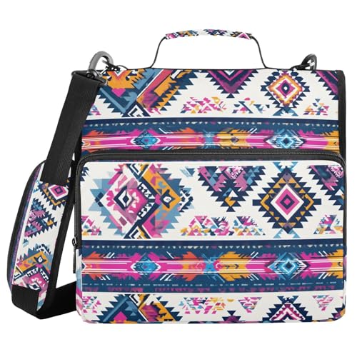 3 Ring Zipper Binder with Shoulder Strap Purple Ethic Aztec Geometric 1.5 inch Binders Keeper Large Capacity Multi Pockets for School Office Supplies - color: Multi143, size: Fit 500 Sheets