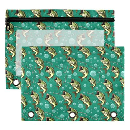 Deep Sea Fish Binder Pouches 3 Ring for Boys Girls School Office College Supplies Ocean Theme Fishman Pencil Pouches Case Bag with Clear Window and Zipper 2 Pack - color: Fish
