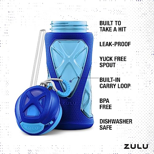 ZULU Torque 16oz Plastic Kids Water Bottle with Silicone Sleeve and Leak-Proof Locking Flip Lid, Soft Touch Carry Loop for School Backpack, Lunchbox, BPA-Free Dishwasher Safe - color: Mojo Blue, style: Single