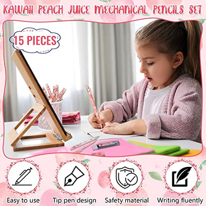 15 Pcs Kawaii Mechanical Pencil Set First School Gift Pen Include Peach Mechanical Pencils with Tubes Pencil Refills Cute Juice Peach Eraser School Supplies for Sketching Architecture Drawing (0.7 MM)