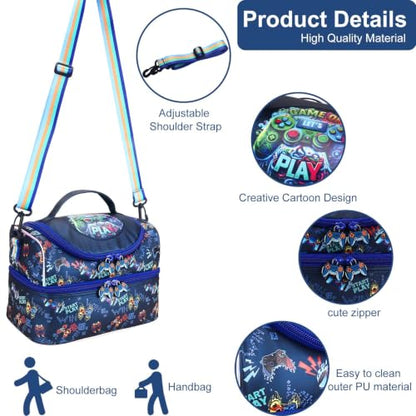RHCPFOVR Kids Lunch Bag - Double Decker Cooler Insulated Lunch Box for Boys Girls,Washable Lunch Bag and Reusable Toddler Lunchbox for School and Daycare - color: Dark Blue Games