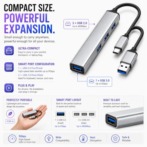 USB Hub 4 Port, USB C & USB A Dual Connector Hub, 1 USB 3.0 & 3 USB 2.0 Ports, Aluminum USB Splitter for Laptop, MacBook, iPad, PC