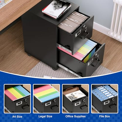 BYNSOE 2 Drawers File Cabinet with Lock Metal Vertical File Cabient with Wheels Mobile File Cabinet for Office Home Legal/Letter/a4 Size Require Assembly - color: Black, size: 2 Drawers-wheels