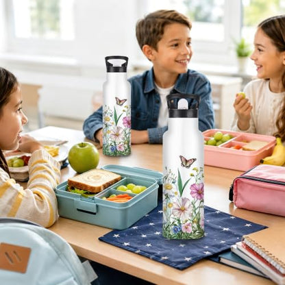 Insulated Water Bottle,Butterfly Lavender 20 oz Stainless Steel Water Bottles with Straw Lid,Flowers Leaves Leak Resistant Double Insulated Flask with Handle,Fits Cup Holder,Keeps Drinks Cold - color: Butterfly Lavender,Flowers Leaves
