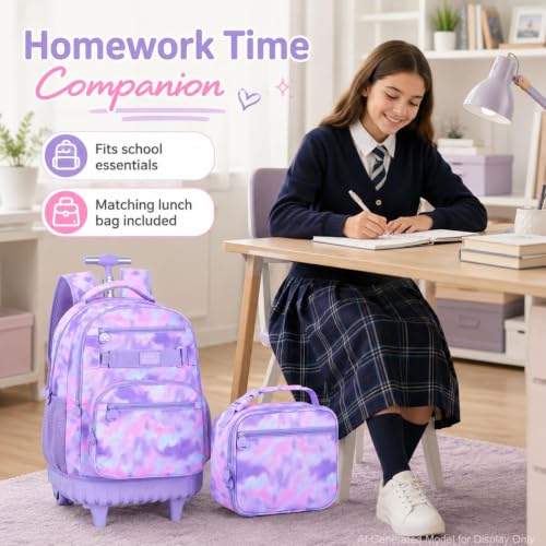 3Pcs Rolling Backpack for Girls Women, Travel Roller Backpacks with Wheels for Adults, Teens College Tie-Dye Wheeled Bookbag with Lunch Box(Purple) - color: Pink Purple