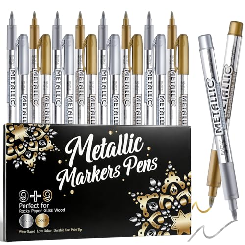 18 Pack Metallic Markers Pens, Water Based Silver & Gold Paint Pens, Gold & Silver Ink Pen with Durable Fine Point Tip for Black Paper, Rock Painting, Halloween Card Making, Multi Surface Art Crafts - color: 18 Colors