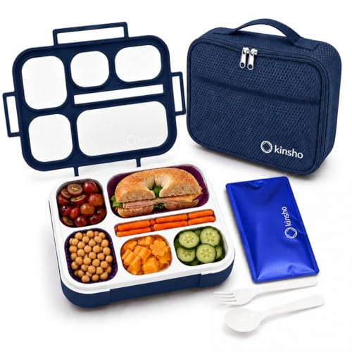 kinsho Lunch Boxes for Boys Teens Adults - Bento Box Set with Insulated Bag and Ice Pack, 6 Compartment Leak Proof Food Container, BPA-Free, Microwave Safe, Ideal for School & Work, Navy Blue - color: Navy