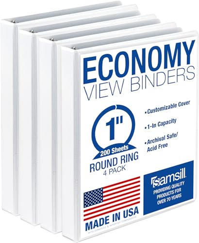 Samsill 1 Inch 3 Ring Binders, Economy Round Ring, Clear View Cover, 200 Sheet Capacity - for School, Home, Office - White, 4 Pack - color: White, size: 4-Pack, style: 1-Inch