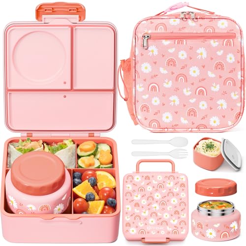 Fimibuke Bento lunch Box Set for Kids Adult with 8oz Insulated Food Jar, Lunch Bag & Sauce Cup, Leakproof Dishwasher Safe Toddler Lunch Food Container with 3-4 Compartment for School Girls Boys - color: A6.Rainbows & Daisies