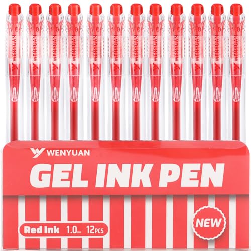 WY WENYUAN 12 Pack Red Gel Pens, 1.0mm Bold Point Smooth Writing Pens for Teachers & Students, Quick Dry Smudge-Free Ink Pens for Grading, Editing, Note Taking, Journaling & Office Marking - color: Red