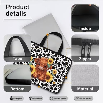HUGS IDEA Laptop Sleeve Carrying Case for Women Computer Cover with Handle Notebook Messenger - color: Cute Cattle Cow Print, size: 17inch