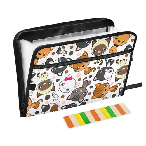 Cat Cartoon Expanding File Folder with 13 Multicolored Pockets A4 Size Document Organizer with Color Labels Zipper Closure Portable Filing Pouch - color: Pattern 14