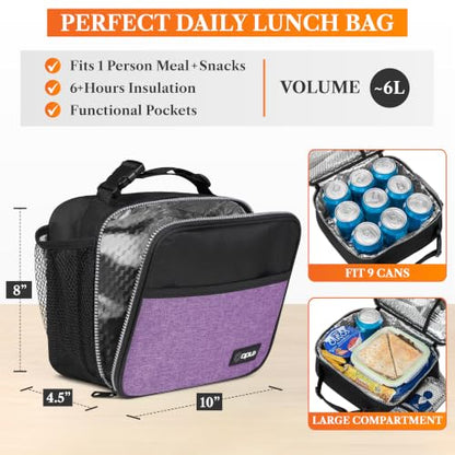 opux Insulated Lunch Bag for Kids, Reusable Lunch Box for School with Leakproof Lining, Compact Soft Cooler Tote for Boys & Girls, Front Pocket, Mesh Side Bottle Holder (Heather Purple) - color: Heather Purple