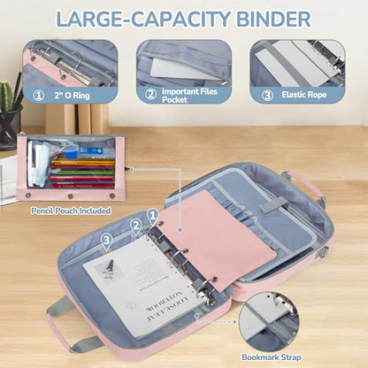 Yarwo 2026 Upgraded Zipper Binder 3 Ring Binder Bag with Pencil Pouch | 500 Sheets Capacity, 5-Tab Expanding File Folder, 14” Laptop Padded Sleeve, Shoulder Strap, for College, Office, Home, Pink - color: Pink