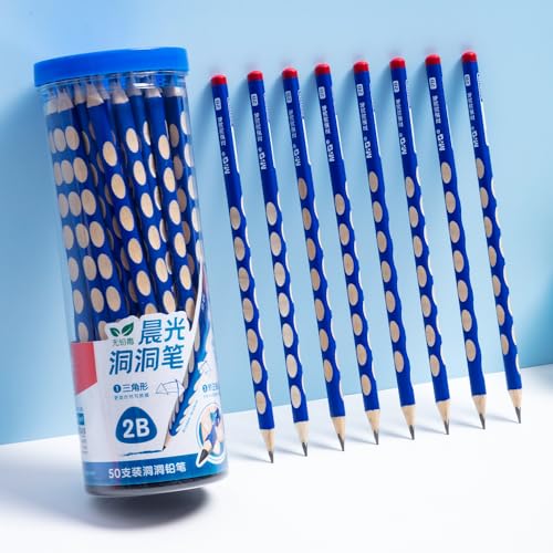 M&G 50 Pcs Triangular Pencils for Kids, Triangular Pole with Grip Correction 2B Pencils, Graphite Wood Pencils with Smooth Writing for School, Office Supplies, Painting, Sketching, Weddings, Party - style: 50pcs Blue 2B