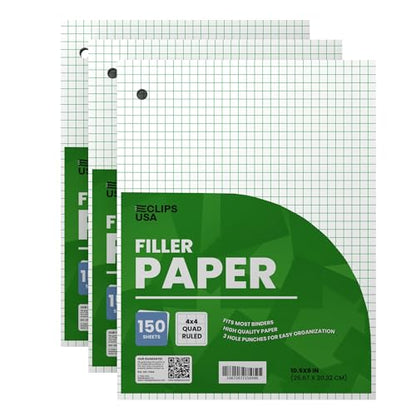 Graph Paper Loose Leaf Paper Quad Ruled Notebook Paper Quad Ruled 4” x 4” Square Lined Writing Filler Paper 10.5” x 8” 450 Sheets 150 Sheets Per Pack 60 gsm (3 Pack) - size: 3 Pack