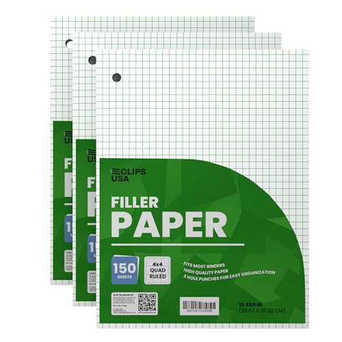 Graph Paper Loose Leaf Paper Quad Ruled Notebook Paper Quad Ruled 4” x 4” Square Lined Writing Filler Paper 10.5” x 8” 450 Sheets 150 Sheets Per Pack 60 gsm (3 Pack) - size: 3 Pack