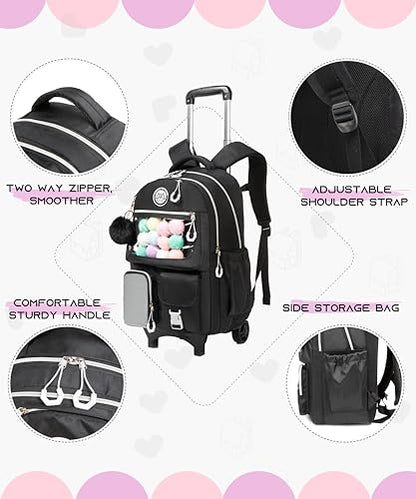 Rolling Backpack for Girls Kids Backpack with Wheels Backpacks for Elementary with Lunch Box Pencil Case Trolley (Black1) - color: Black