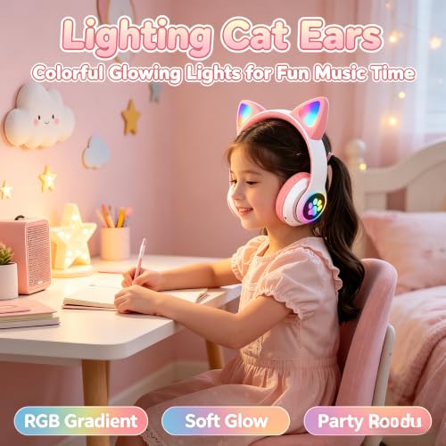 Cat Ear Bluetooth Headphones for Kids & Adults, Wireless Foldable & Wired Multi-Function LED Light Up Over Ear Headphones with Mic and Volume Control for iPhone/iPad/Laptop/PC (White 2) - color: white 2