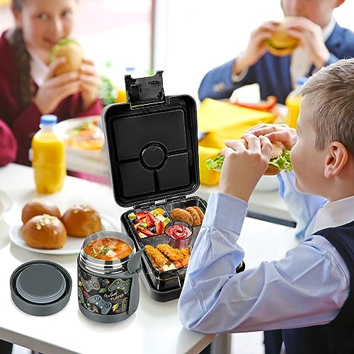 Pawtong Bento Lunch Box Set With 10oz Soup Thermo, Leak-proof Lunch Containers with 4 Compartment, Kids Hot Thermo Food Jar/Insulation Lunch Bag, Food Containers for School (Black-Games) - color: Black-Games