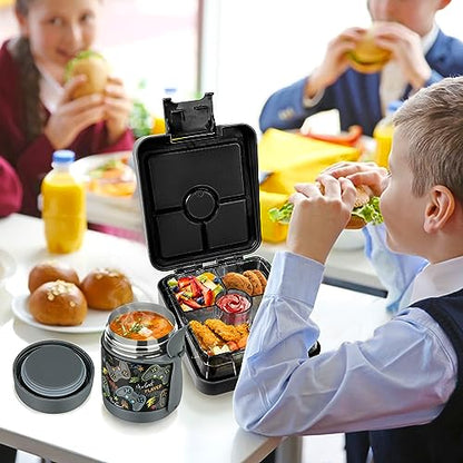 Pawtong Bento Lunch Box Set With 10oz Soup Thermo, Leak-proof Lunch Containers with 4 Compartment, Kids Hot Thermo Food Jar/Insulation Lunch Bag, Food Containers for School (Black-Games) - color: Black-Games